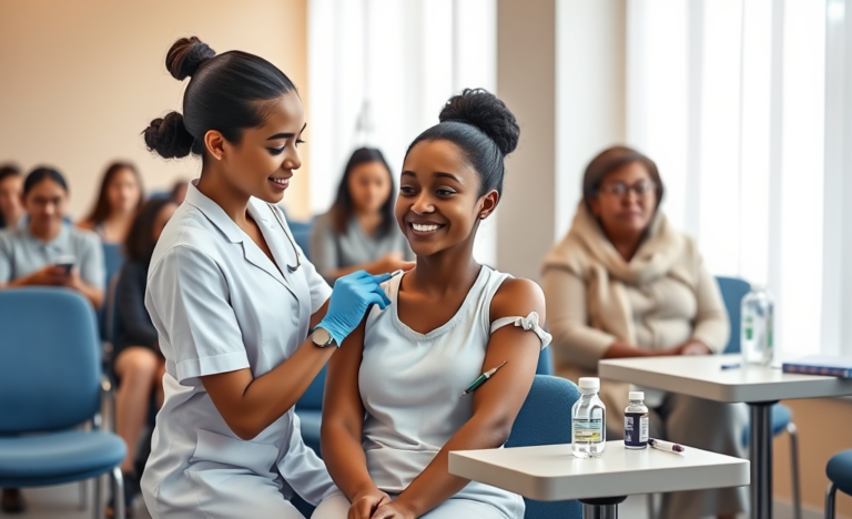 Mulher jovem recebendo vacina em clínica moderna, com enfermeira aplicando injeção para proteção da saúde com segurança