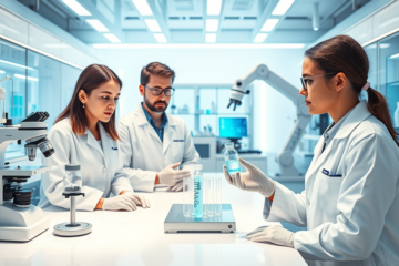Cientistas em laboratório moderno desenvolvendo vacinas inovadoras com equipamentos avançados, mostrando o impacto na saúde