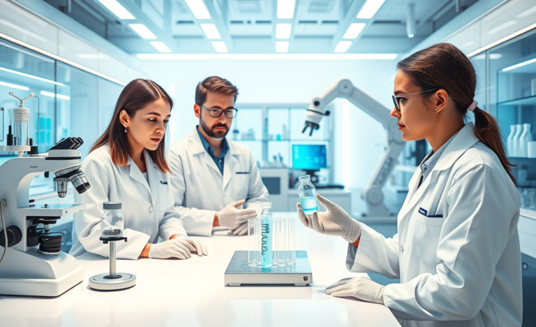 Cientistas em laboratório moderno desenvolvendo vacinas inovadoras com equipamentos avançados, mostrando o impacto na saúde
